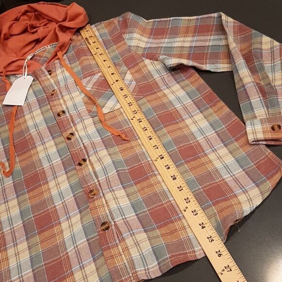 Hooded Button Down Shirt with Rust Hood and Rose Plaid - Picture 4 of 6